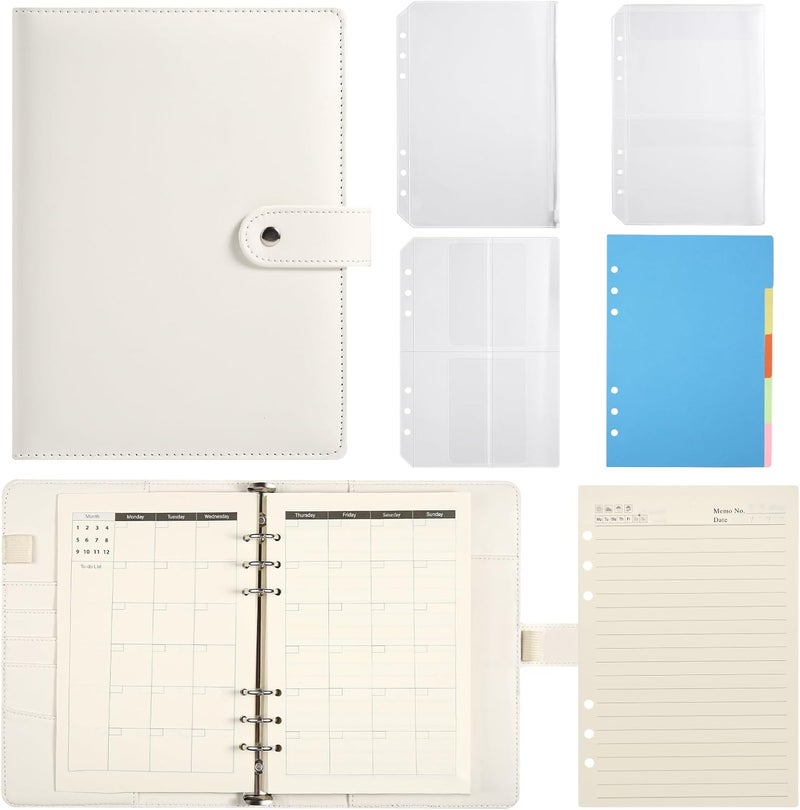 eleger A5 6 Ring Planner Binder - Refillable PU Leather Notebook Organizer with 80 Line Sheets, Monthly Sheets, Plastic Pockets and Dividers, Beige - Image 1